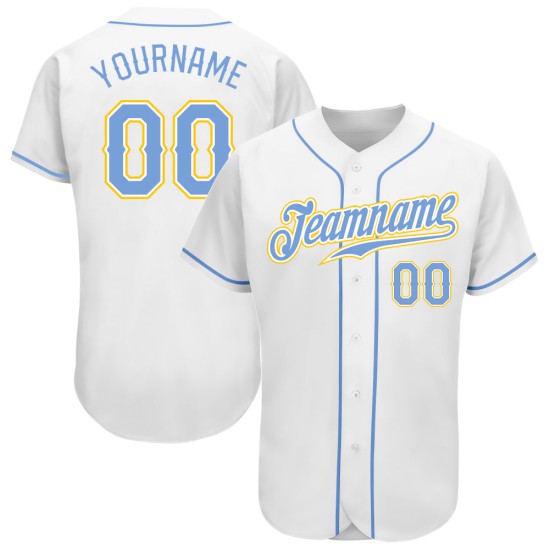 Maglia da baseball personalizzata bianca leggera, autentica, blu-oro Maglia da baseball personalizzata bianca leggera, autentica, blu-oro