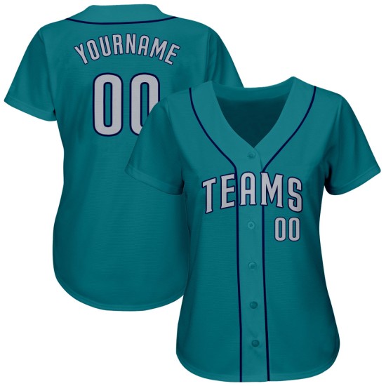 Maglia da baseball autentica personalizzata, colore verde acqua, grigio-blu navy Maglia da baseball autentica personalizzata, colore verde acqua, grigio-blu navy