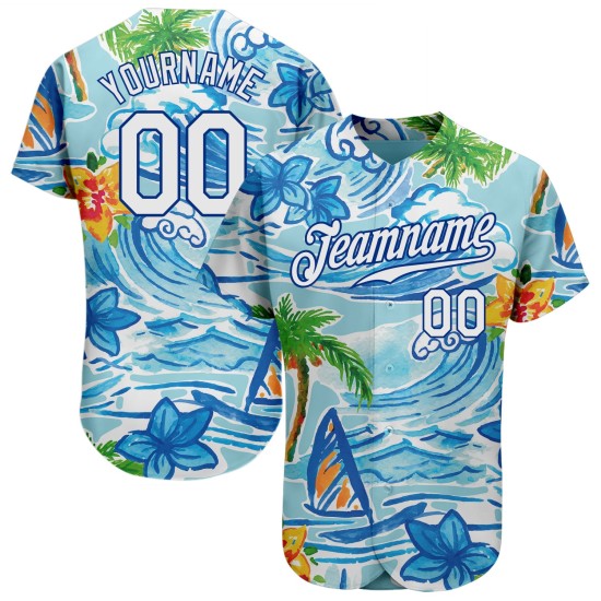 Maglia da baseball Royal White Trees con motivo a palme da spiaggia hawaiana, personalizzata con fiori autentici e design 3D Maglia da baseball Royal White Trees con motivo a palme da spiaggia hawaiana, personalizzata con fiori autentici e design 3D