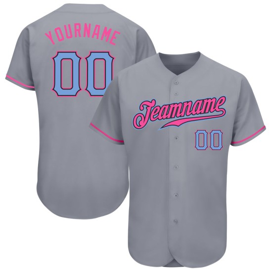 Maglia da baseball autentica personalizzata, blu-rosa e grigia leggera Maglia da baseball autentica personalizzata, blu-rosa e grigia leggera