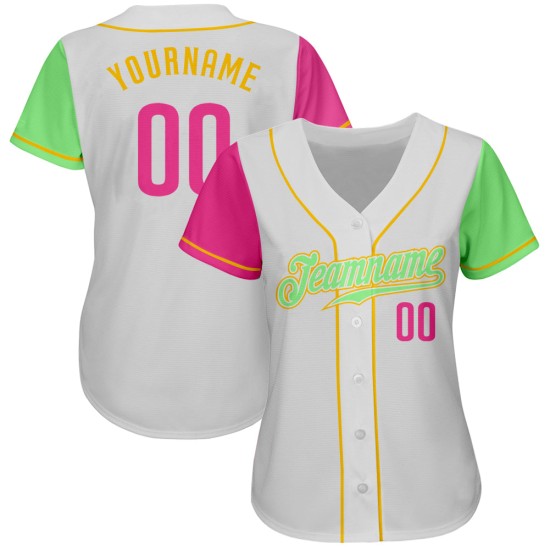 Maglia da baseball personalizzata autentica color verde-oro "Pisello rosa due bianco" Maglia da baseball personalizzata autentica color verde-oro "Pisello rosa due bianco"