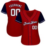Maglia da baseball autentica personalizzata, tonalità bianco-blu navy, rossa, due Maglia da baseball autentica personalizzata, tonalità bianco-blu navy, rossa, due