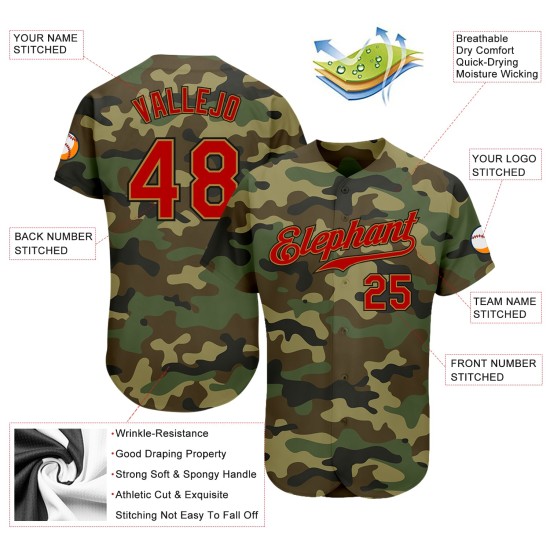 Maglia da baseball autentica in oro con servizio personalizzato, rosso-vecchio saluto mimetico Maglia da baseball autentica in oro con servizio personalizzato, rosso-vecchio saluto mimetico