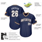 Maglia autentica personalizzata in maglia a coste da baseball, bianca e blu navy, stile retrò Maglia autentica personalizzata in maglia a coste da baseball, bianca e blu navy, stile retrò