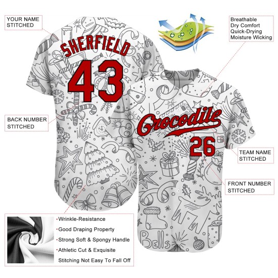 Maglia da baseball natalizia autentica grigia 3D rossa e nera personalizzata Maglia da baseball natalizia autentica grigia 3D rossa e nera personalizzata
