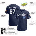 Maglia da baseball blu navy, autentica, personalizzata, bianca e chiara Maglia da baseball blu navy, autentica, personalizzata, bianca e chiara