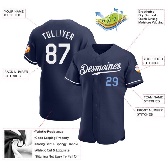 Maglia da baseball blu navy, autentica, personalizzata, bianca e chiara Maglia da baseball blu navy, autentica, personalizzata, bianca e chiara