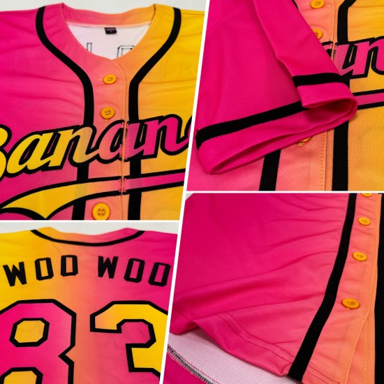 Maglia da baseball autentica, sfumata, personalizzata, gialla, rosa e nera Maglia da baseball autentica, sfumata, personalizzata, gialla, rosa e nera